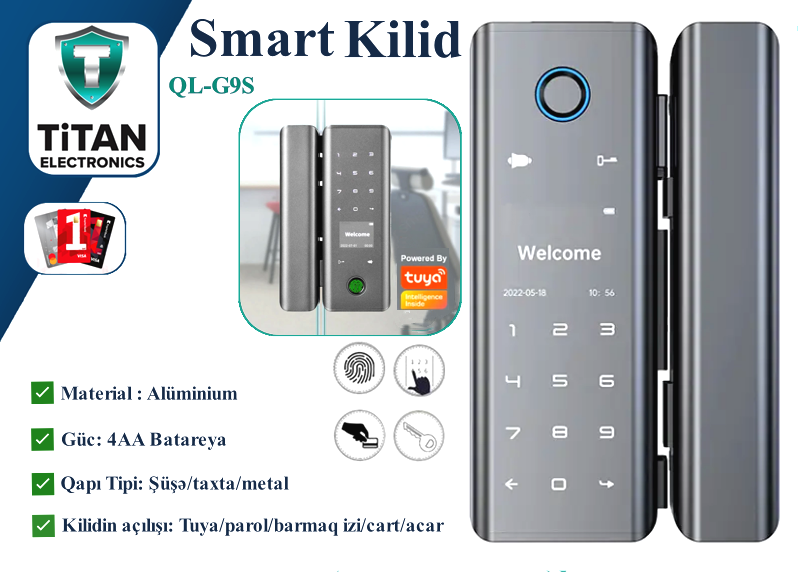 Smart kilid QL-G9S Şüşə qapı üçün
